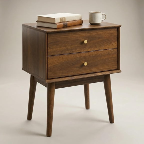 VITALOOM 26" Tall Mid-Century Modern Walnut Nightstand with 2 Drawers, Brass Knobs, Sturdy Solid Wood Legs, Modern Bedside Table for Bedroom or Living Room, Easy Assembly, Small Apartment