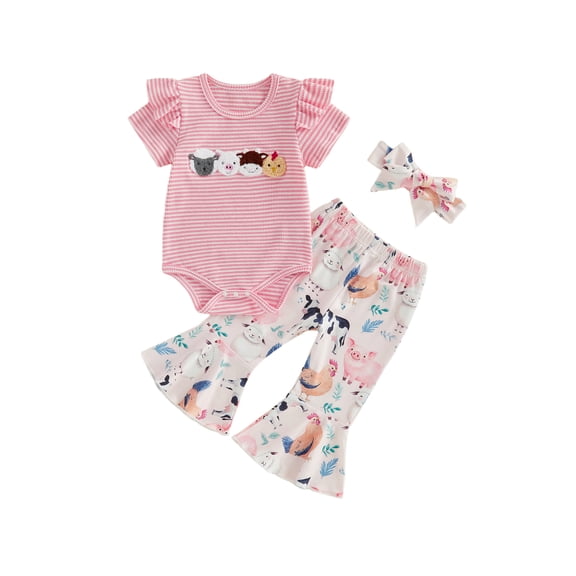 BemeyourBBs Newborn Baby Girl Farm Duck Outfit Infant Girls Summer Clothes Animal Embroidered Waffle Striped Short Sleeve Romper Print Bell Bottom Flared Pants Set Headband