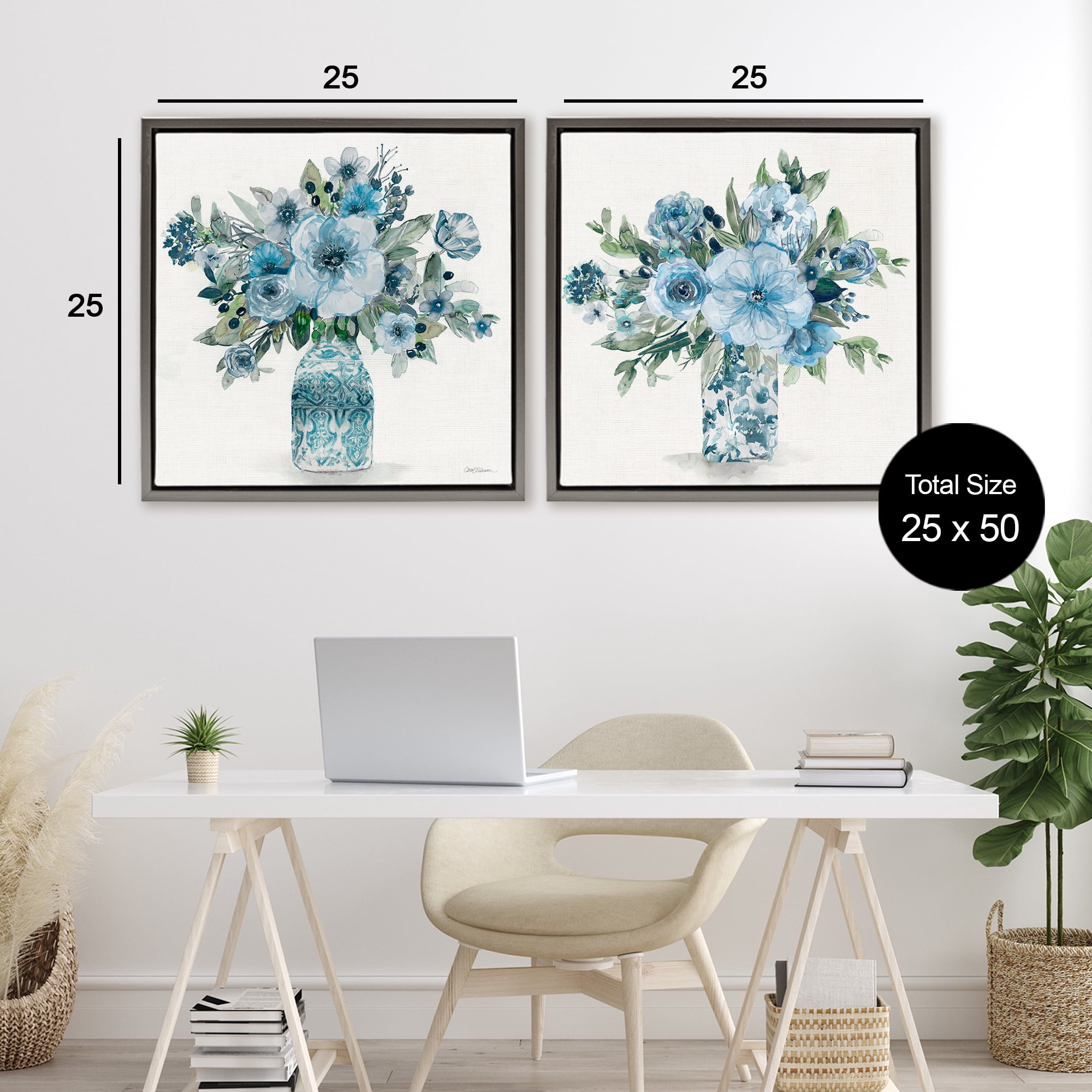 Stupell Industries Pastel Blue Floral Vase Arrangements 2 Piece Gray Framed Floater Canvas Set, design by Carol Robinson