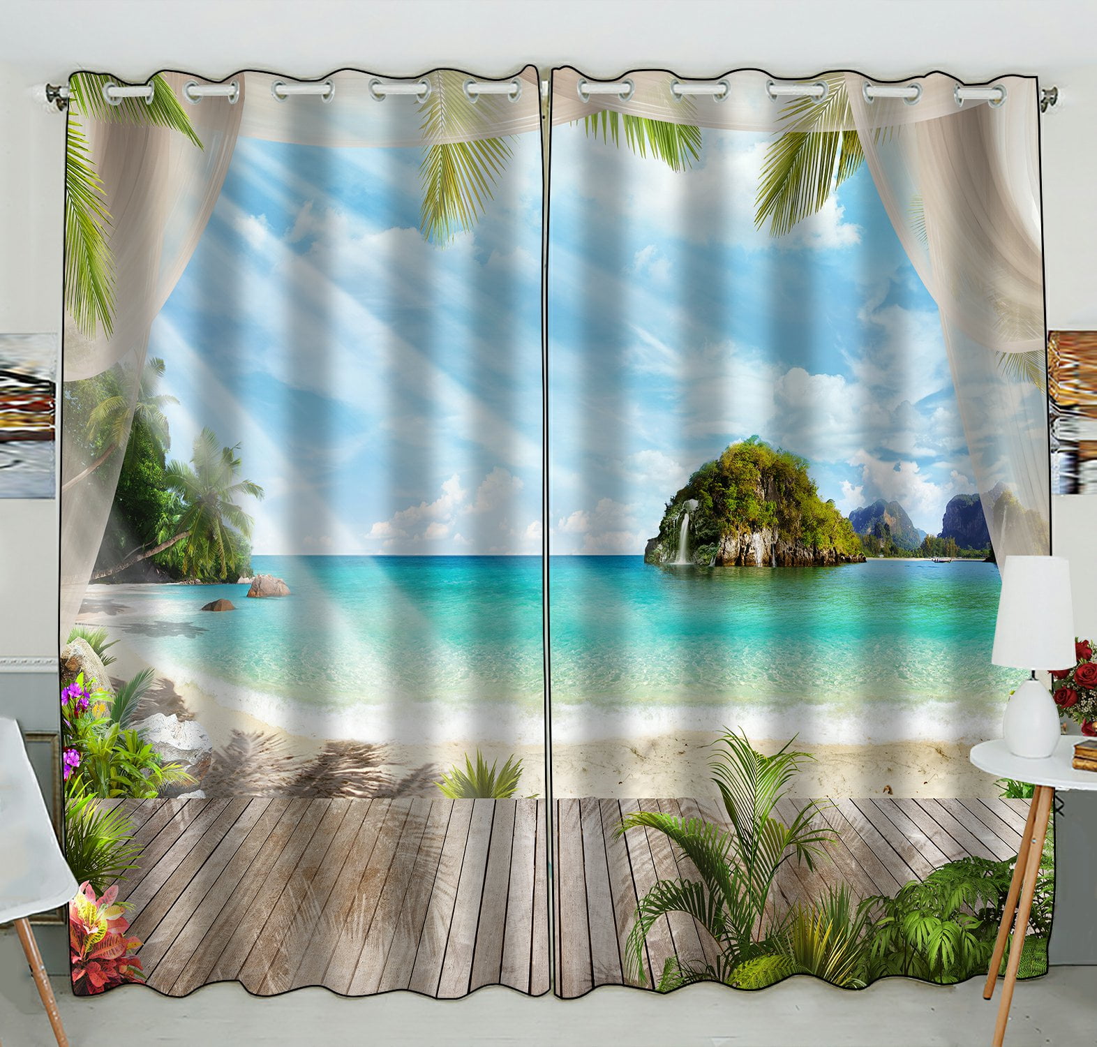 PHFZK Tropical Seascape Window Curtain, Ocean Island Paradise Beach ...