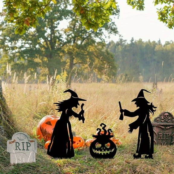 Halloween Yard Decorations Halloween Silhouette Decoration Witch Pumpkin Horror Decoration Outdoor Halloween Yard Sign Metal Yard Stake Shadow Garden Art Lawn Party Decoration