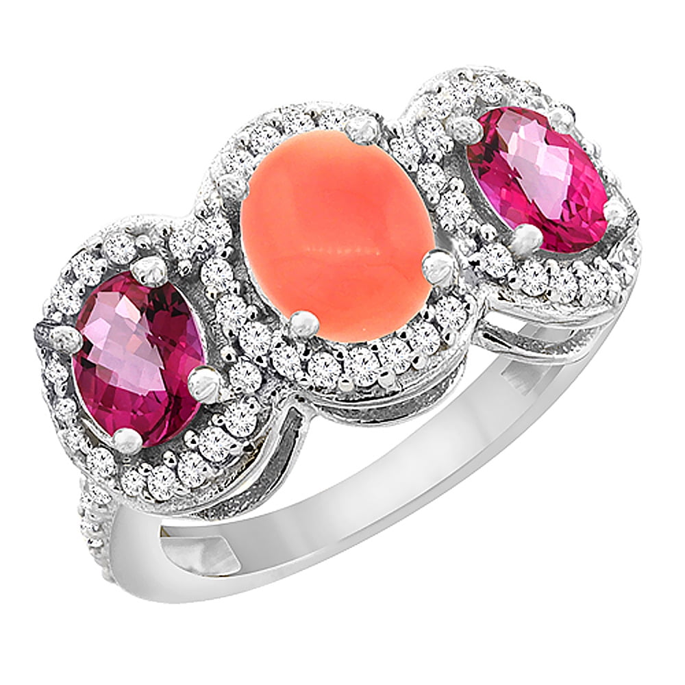 10K White Gold Natural Coral & Pink Topaz 3-Stone Ring Oval Diamond Accent, size 6 by Gabriella Gold