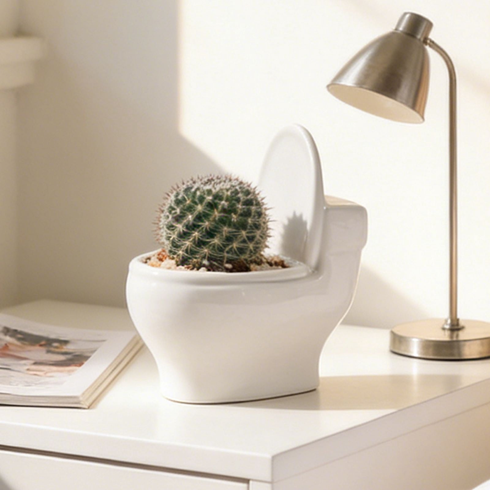 Personalized Toilet-Shaped Succulent Planter,White Ceramic Desktop Flower Pot,Unique European Style Small Plant Holder w/ Drainage,Perfect for Office Desk Balcony or Indoor Gardening Display-White-L