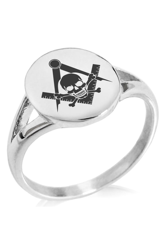 Stainless Steel Freemasons Masonic Skull & Crossbones Minimalist Oval Top Polished Statement Signet Ring