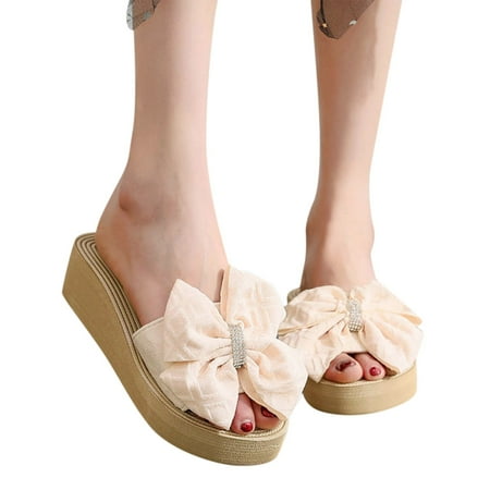 

Cathalem Fashion Spring And Summer Women Slippers Bow Rhinestone Platform Wedge Sandals Beach Shoes Womens Slippers Slip on Beige 6.5