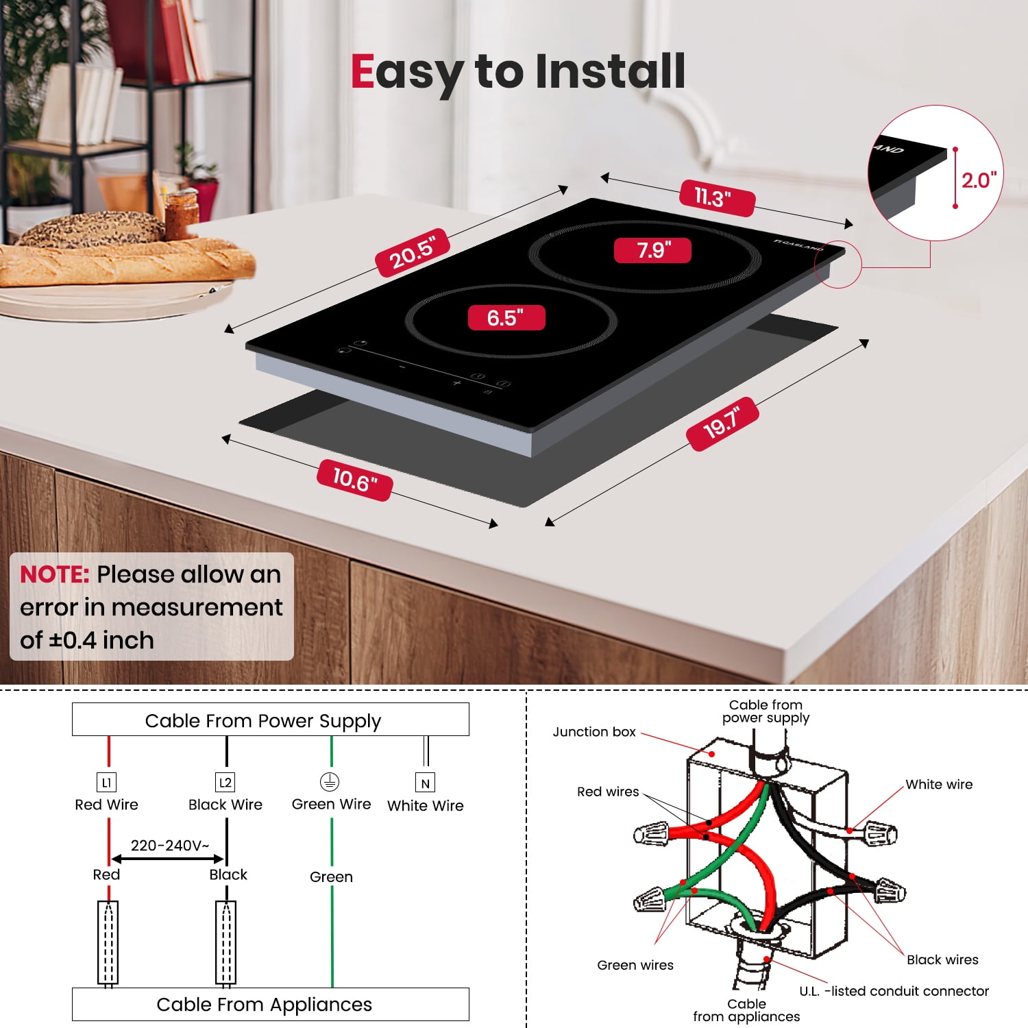 GASLAND 12-Inch 2-Burner Built-in Electric Ceramic Cooktop, ETL, 240V, 3000 W, CH30BF