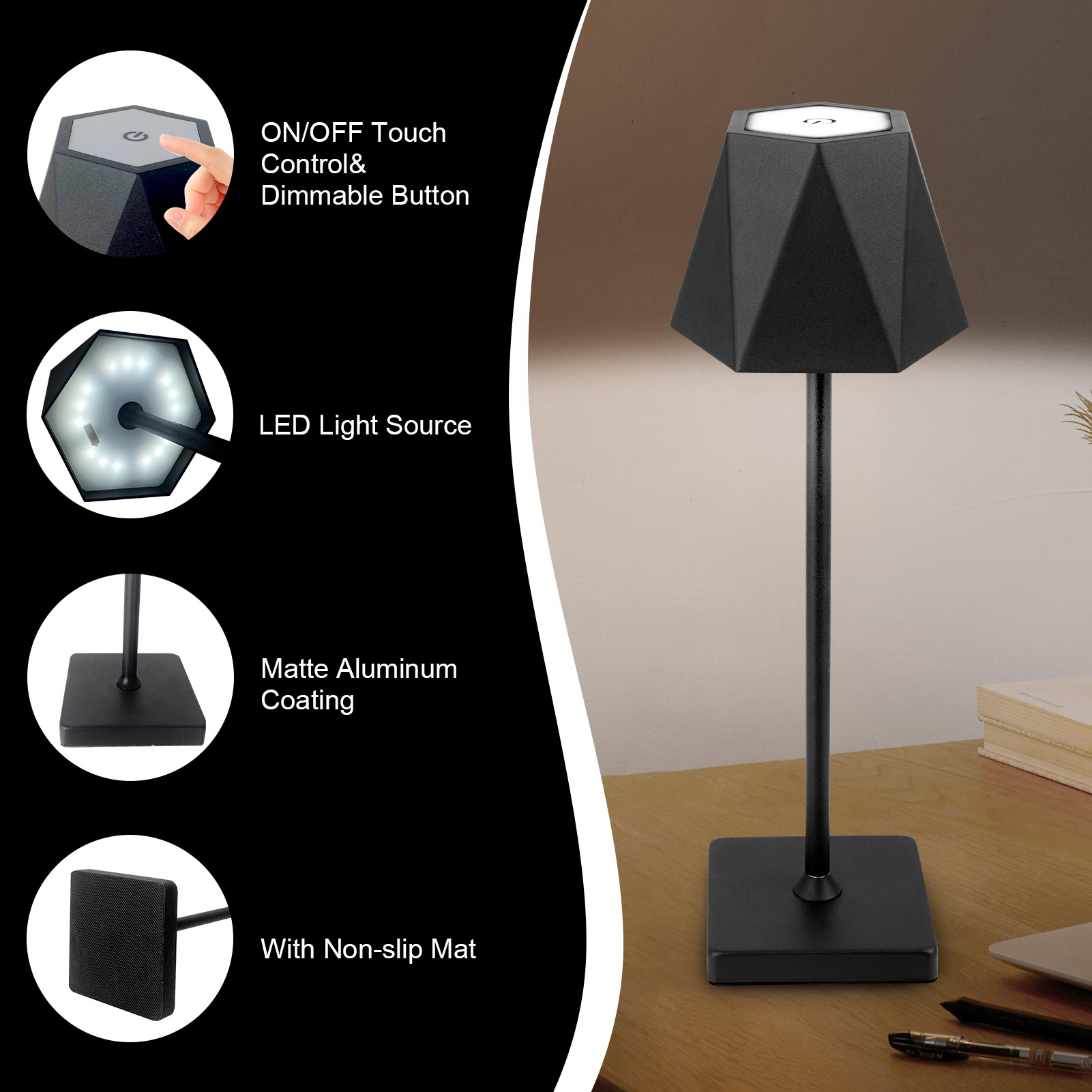 Asibpxy 14" Modern Cordless Matte Black Aluminum Table Lamp with Black Geometric Shade