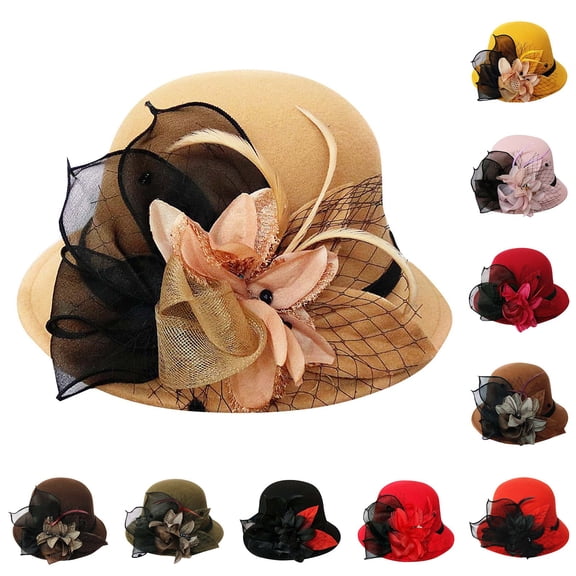 Helii Women's Cloche Hat Wool Bowler Hat Vintage, Round Top Short Brim Flower Mesh Veil Fascinator Derby Hat, Tea Party Church Ladies Winter Elegant Cap Brown,One Size