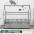 thumbnail image 2 of Oufan Twin Size House Floor Bed,Wooden Montessori Bed with House Roof Frame and Fence Guardrails,Twin Bed Frame for Boys, Girls, Gray, 2 of 10
