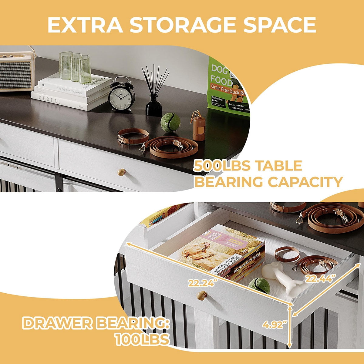 Ataucjin 47" Dog Crate Furniture with Storage Drawers & Removable Divider，Stylish Kennel for Large, Medium & Small Dogs