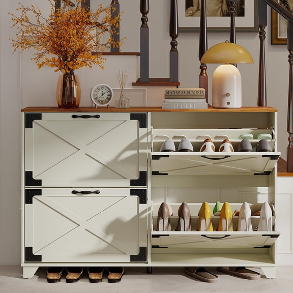 Manxile Shoe Storage Cabinet with 4 Flip Drawers, Farmhouse Wood Shoe Cabinet for Entryway,Hallway,White&Red Oak