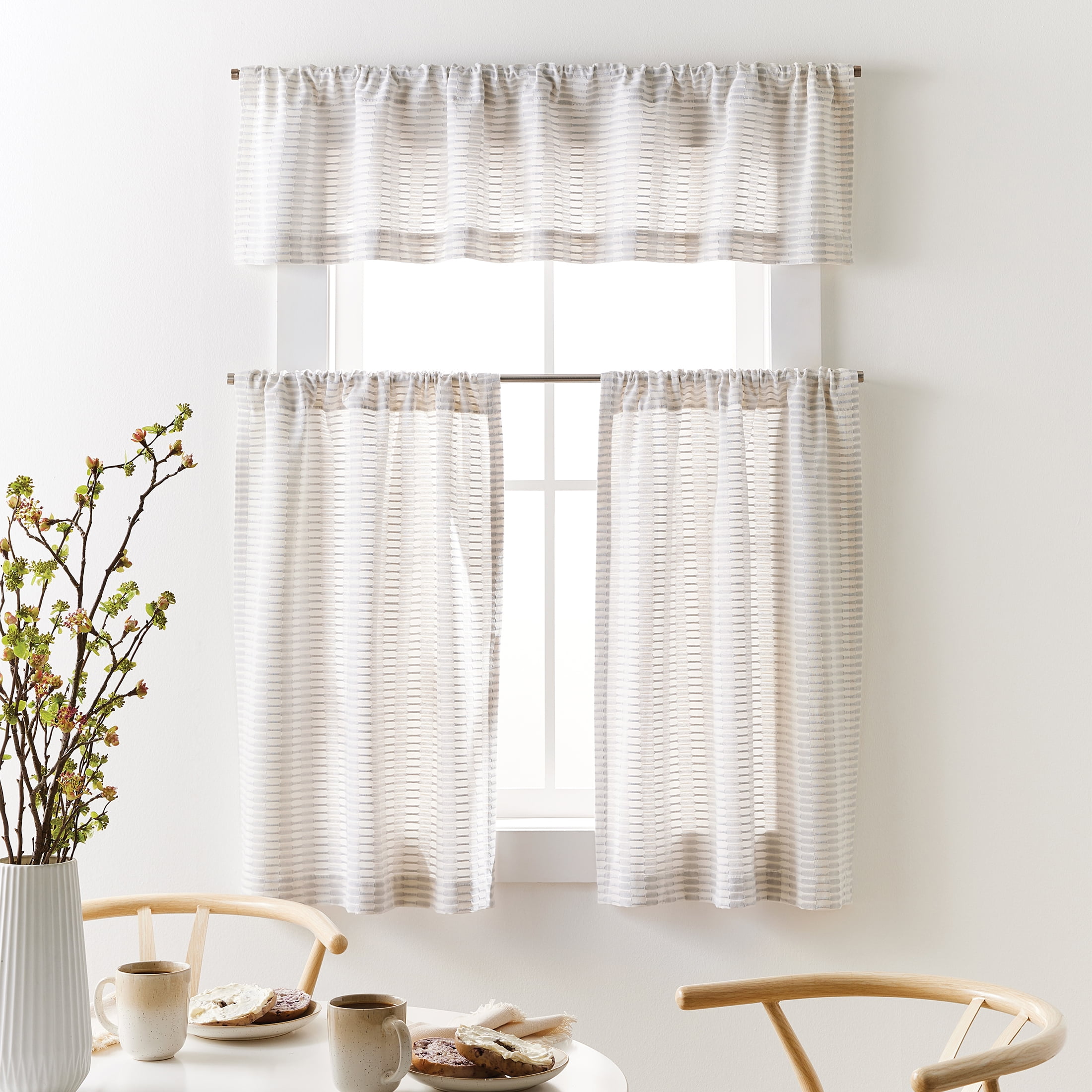 (2 pack) Better Homes & Gardens Ladder Stripe Kitchen Curtain Tiers and Valance, 3-Piece Set, Gray, 60" W x 36" L