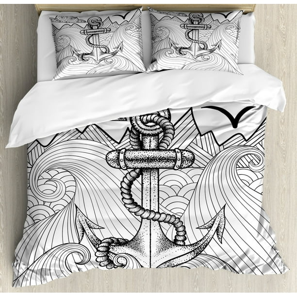 Anchor Duvet Cover Set King Size Zentangle Style Ocean And Clouds Hand Drawn Artistic Arrangement Marine Theme Decorative 3 Piece Bedding With 2 Pillow Shams Black White By Ambesonne Com Anchor Duvet Cover Set King Size, Anchor King Size Bedding Set
