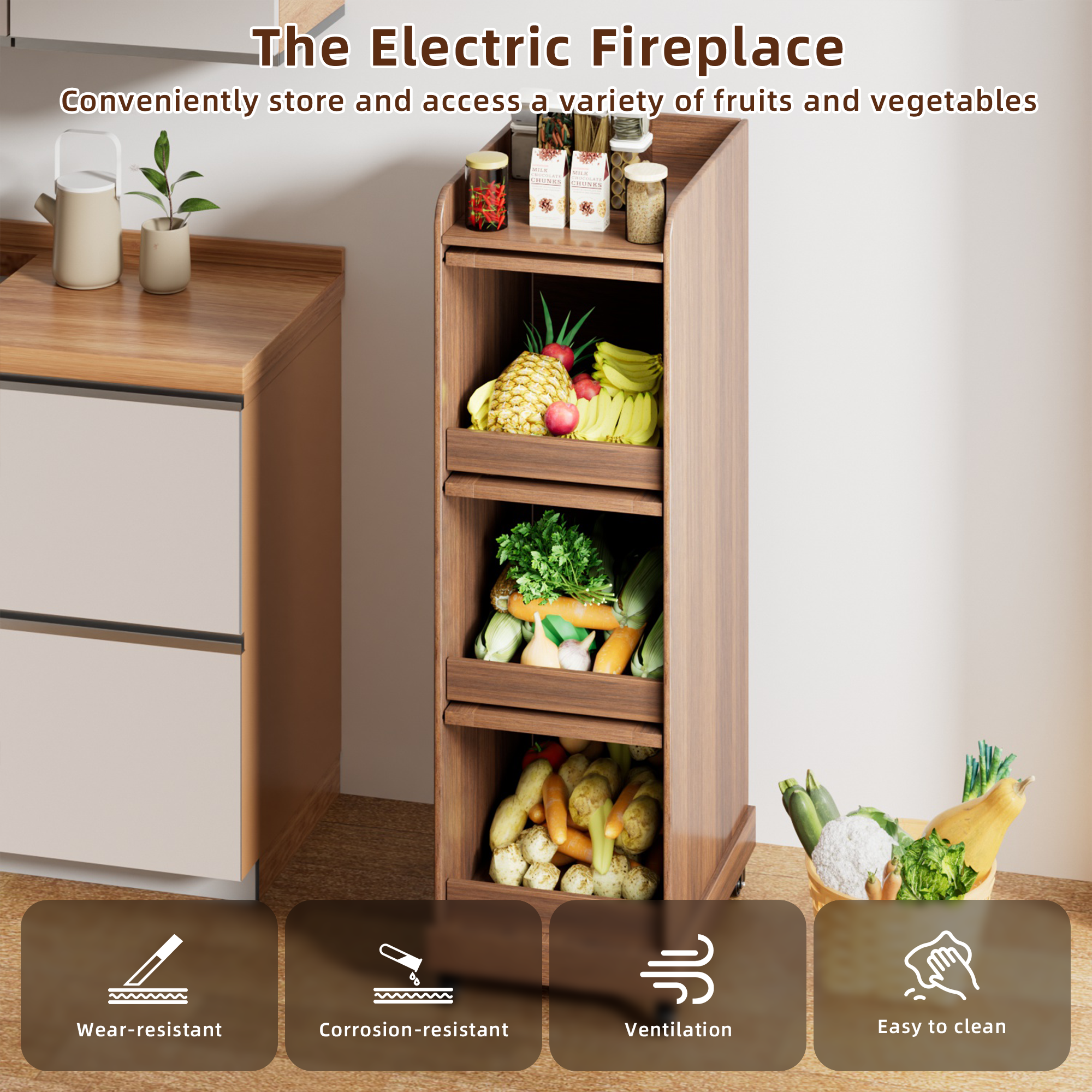 Food Small Kitchen Pantry Cabinet Wood Potato Storage Bins Farmhouse modern Fruit and Vegetable Box with Wheels for Kitchen Dining Room Living Room