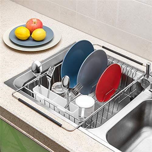 SANNO Expandable Dish Drying Rack Over Sink Large Dish Rack in Sink or On  Counter , Dish Drainer Rustproof Stainless Steel with White Utensil
