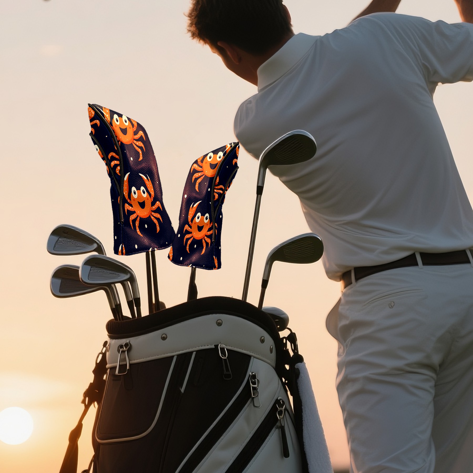 Golf Club Covers PU Leather Waterproof Head Covers for Fairway Woods Hybrids Crab Pattern