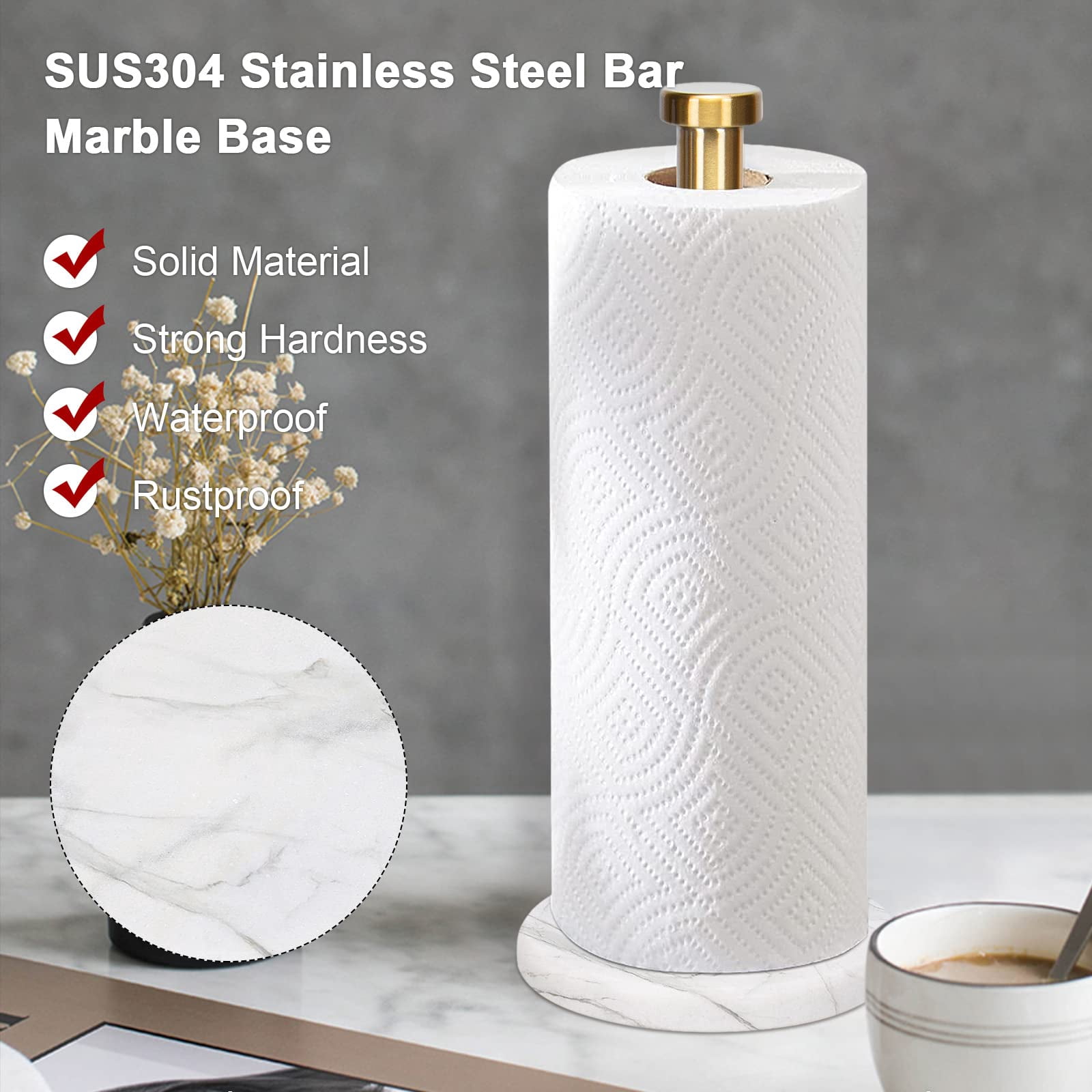 Standing Paper Towel Holder  Kitchen Tissue Holder- For Bathroom Countertop Standard Or Jumbo-sized Roll (with Marble Base Brushed Gold)