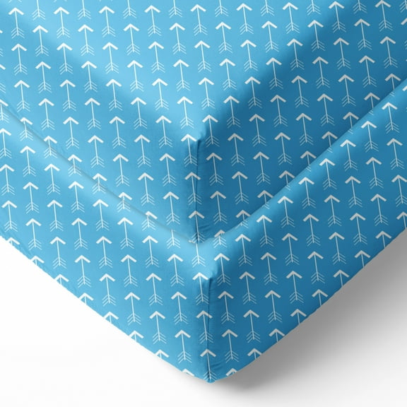 Crib or Toddler Bed Fitted Sheet 100% Cotton Percale, Woodlands Aqua/Navy/Grey