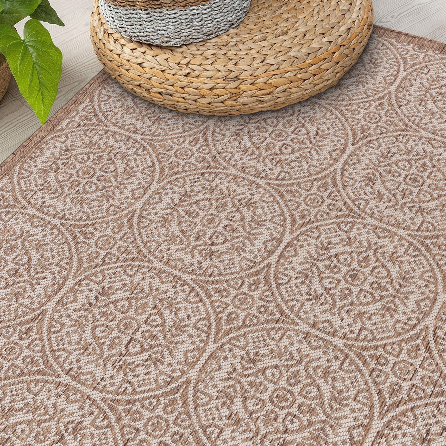 World Rug Gallery Transitional Floral Circles Textured Flat Weave Indoor/Outdoor Area Rug - BROWN 5' X 7'