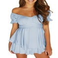 thumbnail image 1 of Women Boho Romper Off Shoulder Double Layer Ruffle Hem Chiffon Short Fairy Princess Mini Dress Jumpsuit Playsuits Black L, 1 of 8