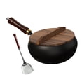 thumbnail image 2 of Wok de hierro de cocina de diseño profundo con tapa de madera para cocinar al vapor, freír y guisar 26 centímetros, 2 of 9