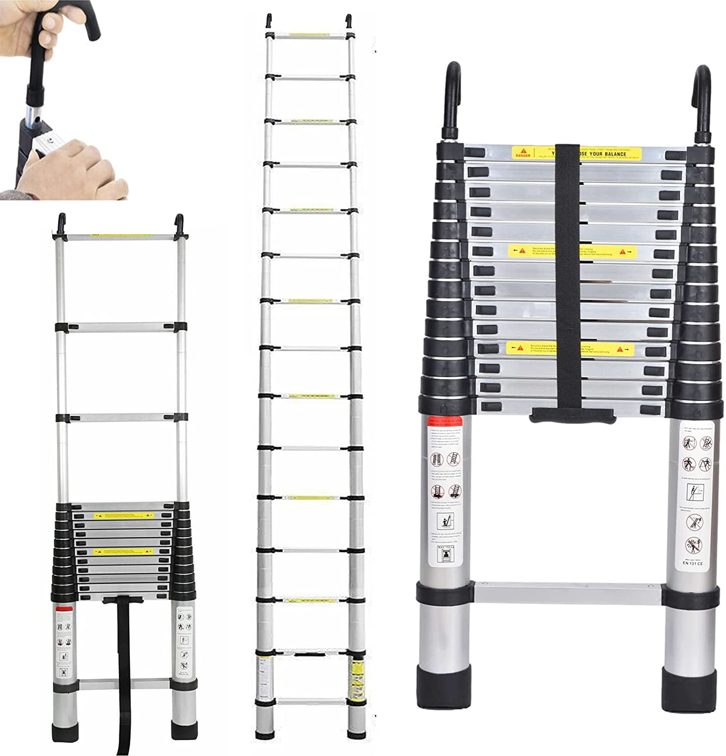 Adjustable Height Extension Ladder Independent Locking Device & Slide Button 150kg Max Capacity COSTWAY 3.8M Aluminum Telescoping Ladder with Carrying Strap 