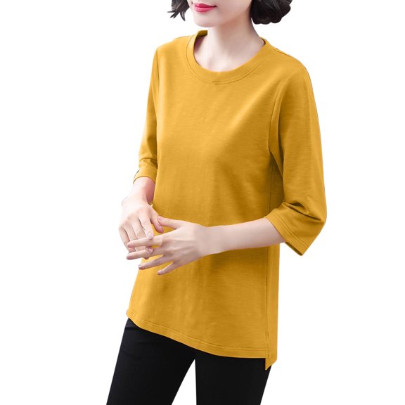 yillto Womens Plus Size Tops 3/4 Sleeve Basic Shirts Crew Neck Causal Loose Solid Color Summer Clothes