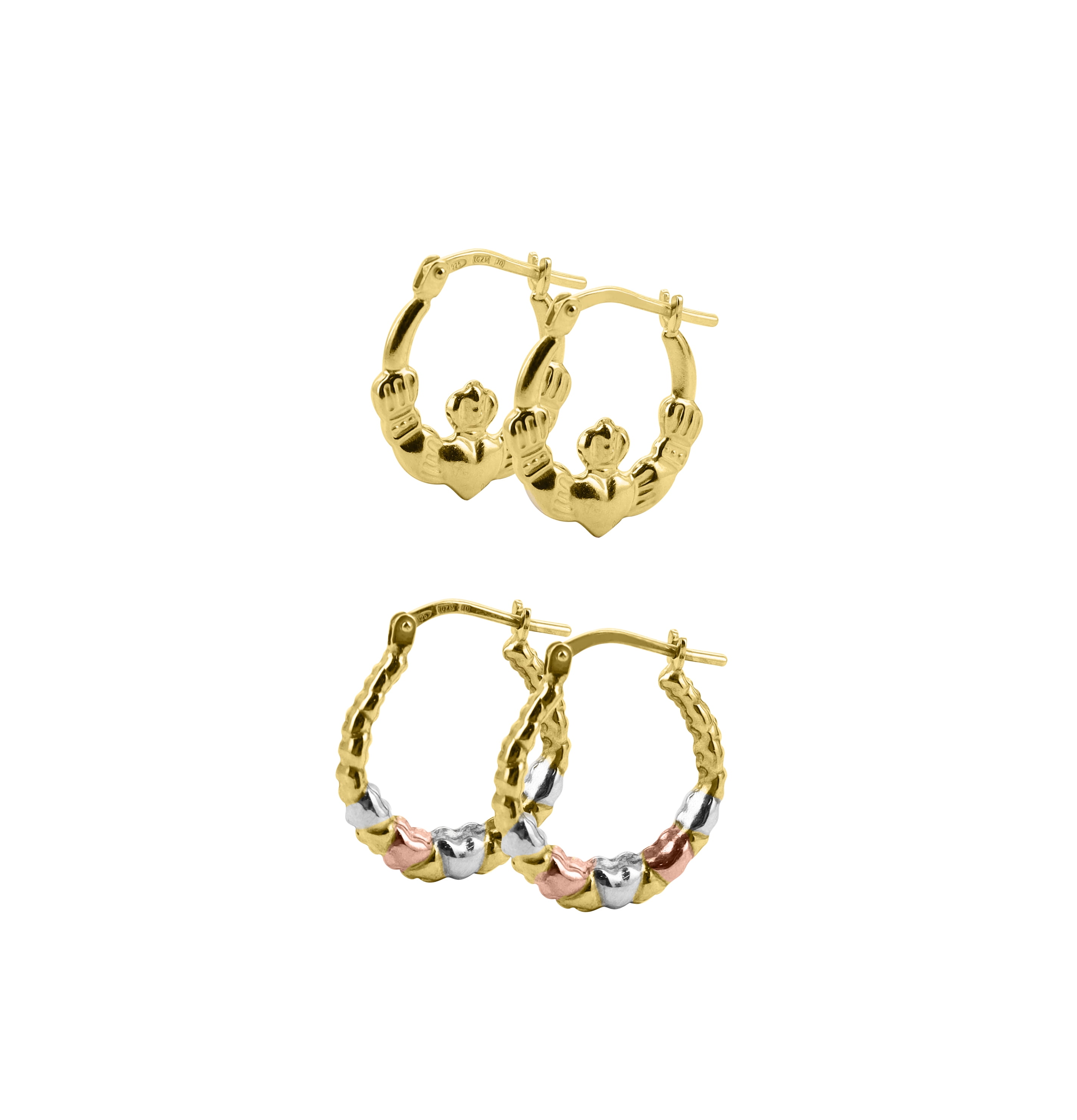Brilliance Fine Jewelry Women's 14K Gold Plated Sterling Silver Claddagh and Heart Hoops Earrings