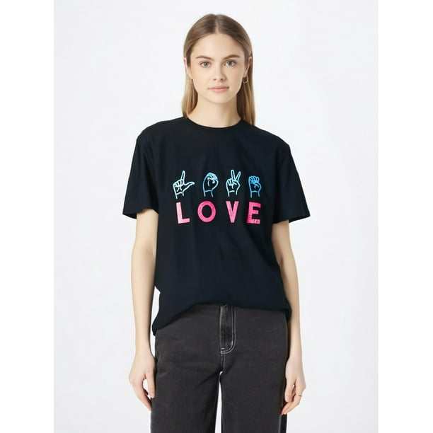 Love Sign Language Tee Cute Pink Valentines Day T-ShirtFather's Day, Mother's Day, New Year, SpringCamisetas para mujer, lindas camisetas con estampado gráfico, de manga corta, estilo casual, para ve