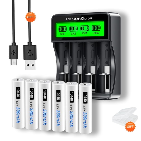 CITYORK 6 Packs 10440 Rechargeable Batteries with Charger, 4 Slots LCD Screen 3.7V Rechargeable Battery Charger and 380mAh Rechargeable 10440 Battery for LED Flashlight Torch, Doorbells, Headlamps