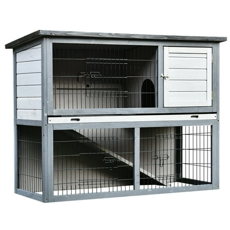 UPC: 0842525144414 | Pawhut 48  L Wooden Rabbit Hutch Pet Playpen 4 Door House Enclosure with Ramp  for Rabbits and Small Animals  Gray