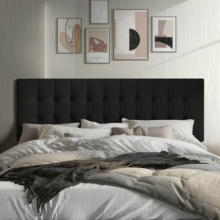Castle Place Upholstered Button Tufted Linen Headboard, Black, King