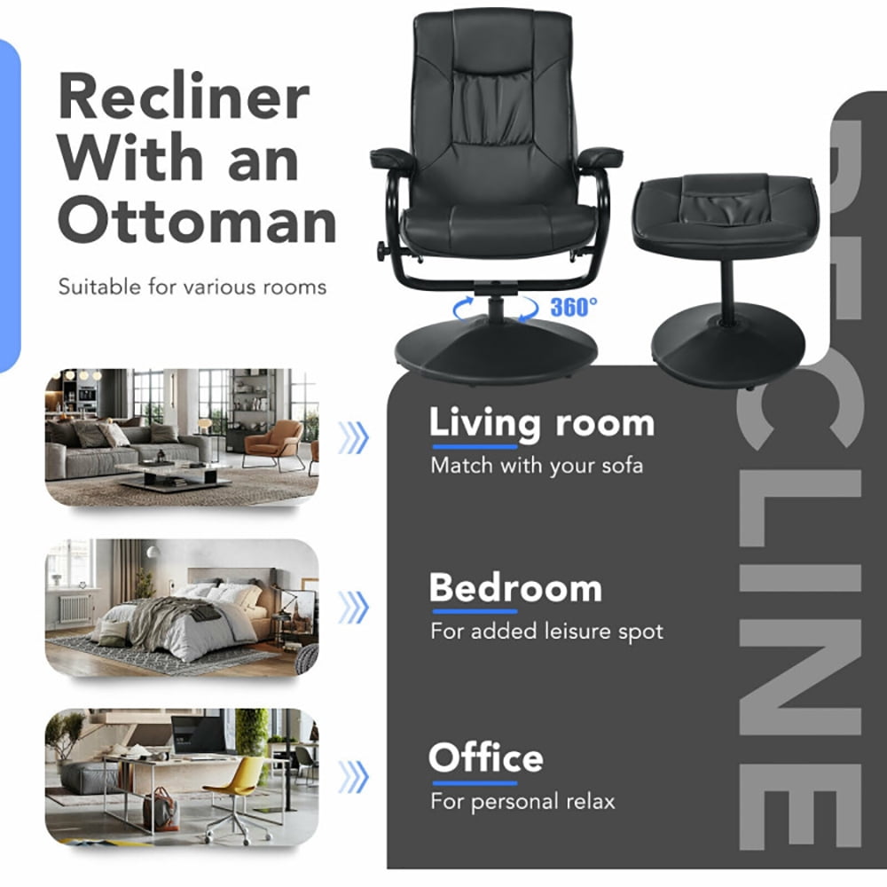Finihen PVC Leather Soft Upholstered Recliner with Ottoman Footrest, 360° PVC Leather Swivel Recliner Chair with Ottoman, for Living Room, Bedroom, Black Finihen PVC Leather Soft Upholstered Recliner with Ottoman Footrest, 360° PVC Leather Swivel Recliner Chair with Ottoman, for Living Room, Bedroom, Black