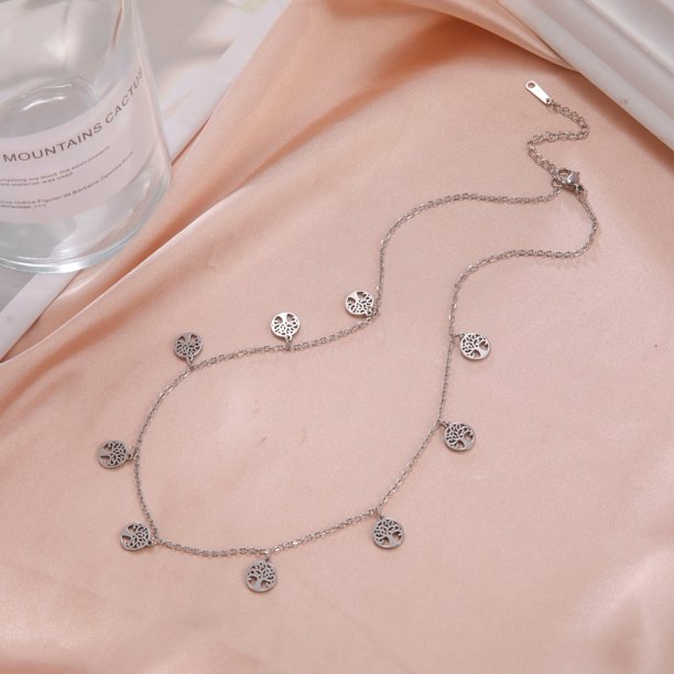 Skyrim Tree of Life Round Charm Necklace for Women Stainless Steel Clavicle Chain Choker Viking Amulet Jewelry Mother's Day Gift40-45 cm Gao Jinjia LED