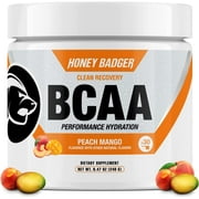 Honey Badger BCAA Amino Acids Electrolytes Powder, Keto, Vegan, Sugar Free BCAAs + EAA with L-Glutamine for Men & Women, Hydration & Post Workout Muscle Recovery Drink Mix, Peach Mango, 30 Servings