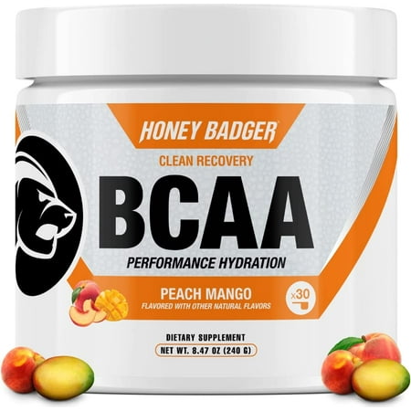 Honey Badger BCAA Amino Acids Electrolytes Powder, Keto, Vegan, Sugar Free BCAAs + EAA with L-Glutamine for Men & Women, Hydration & Post Workout Muscle Recovery Drink Mix, Peach Mango, 30 Servings