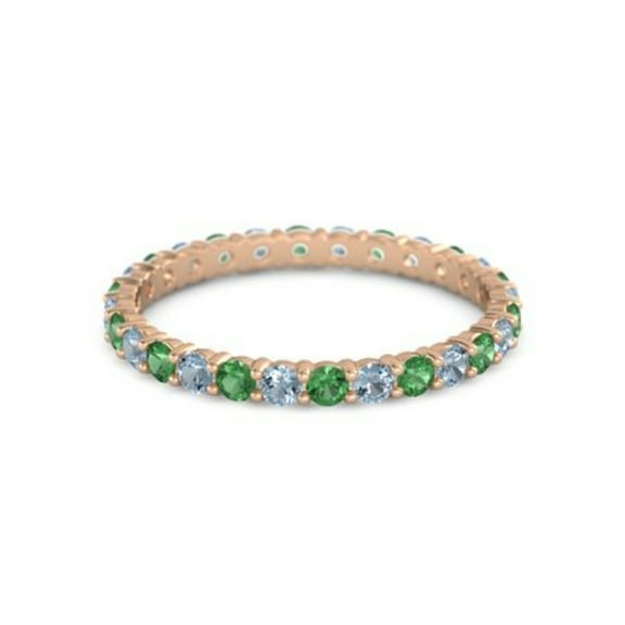 Round Eternity Band Emerald Blue Topaz 925 Sterling Silver Rose Plated Ring