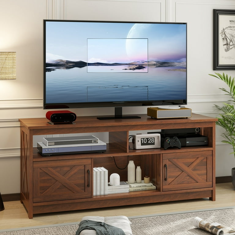 Dextrus Farmhouse TV Stand up to 65 inch with Power Outlet Media Console with Storage Walnut