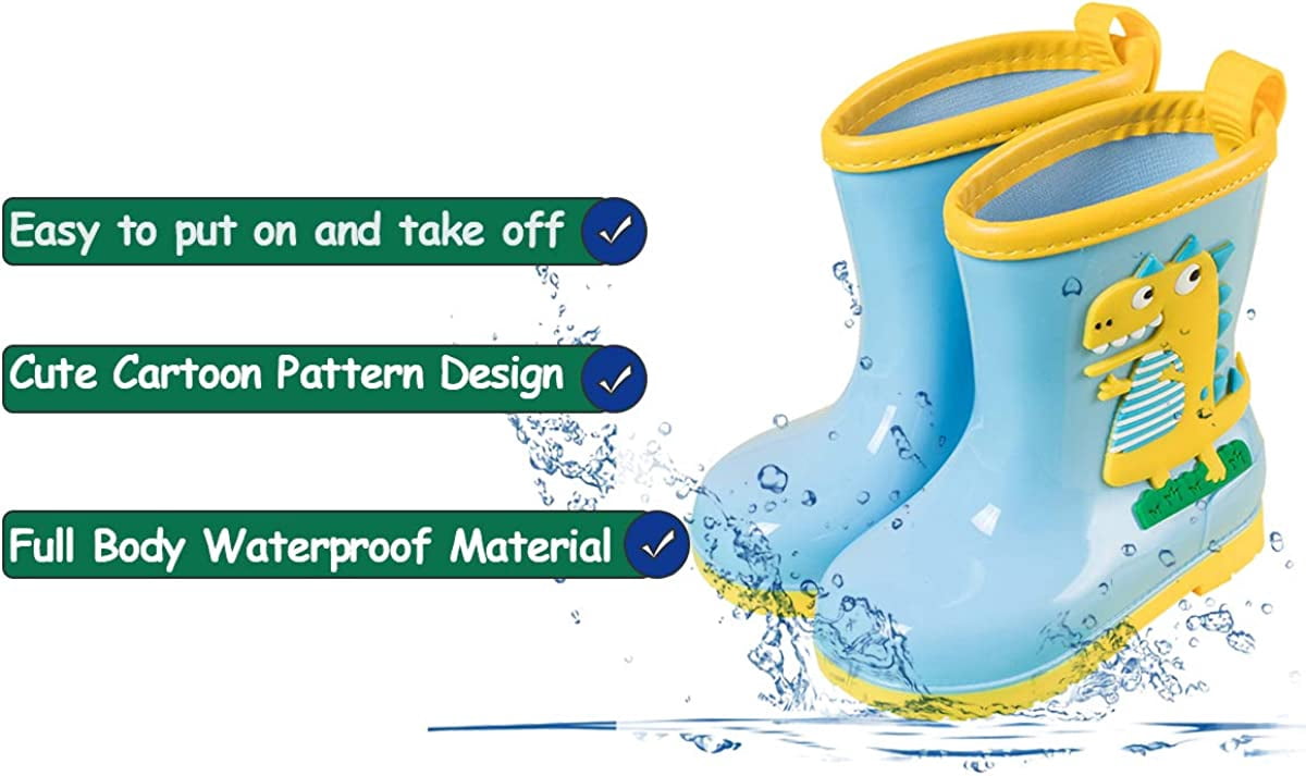 Kids Dinosaur Rain Boots Boys Girls Wellington Boots Non-Slip Cozy Unisex Children Wellies Rubber Rain Shoes