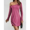 thumbnail image 5 of Womens One Shoulder Tunic Long Sleeve Solid Twist Hem Mini Dress Dressy Casual Loose Spring Summer Dress Rose Red S, 5 of 9