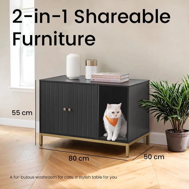 LEDREM Modern Cat Litter Box Furniture - Hidden Enclosure with Scratching Mat, Dual Doors, Side Table Function, Black and Gold