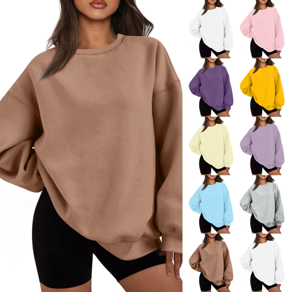Womens Oversized Sweatshirt Crewneck Sweater Casual Fall 2026 Fleece Lined Stretchy Hoodies Basic Comfort Clothes Loose Maternity Workout Gym Lounge Wear Winter Airport Fashion Camel 3XL