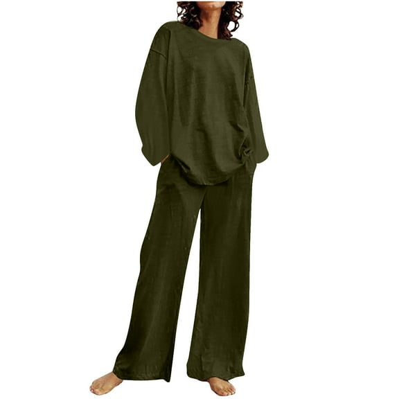 ibuvkizy Two Piece Sets for Women,Summer Women's Casual Shoulder Sleeved Long Sleeved Round Neck Top/Loose Straight Tube with Pocket Long Pants Set Green,XXXXL