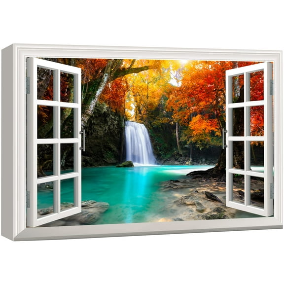 wall26 Canvas Print Wall Art Window View Landscape Orange Fall Waterfall Nature Wilderness Photography Modern Art Rustic Scenic Colorful Multicolor for Living Room, Bedroom, Office - 16"x24"