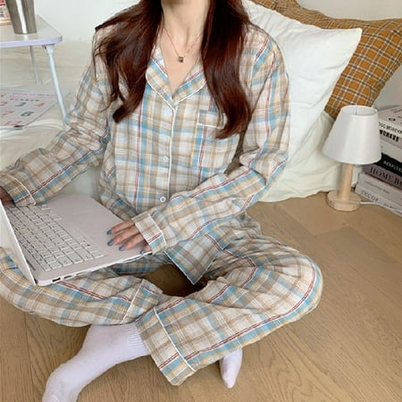 

CoCopeaunt Dressing Gowns for Women New Style Ladies Long-sleeved Trousers Home Suit Autumn Spring Winter Plaid Japanese Korean Pajamas