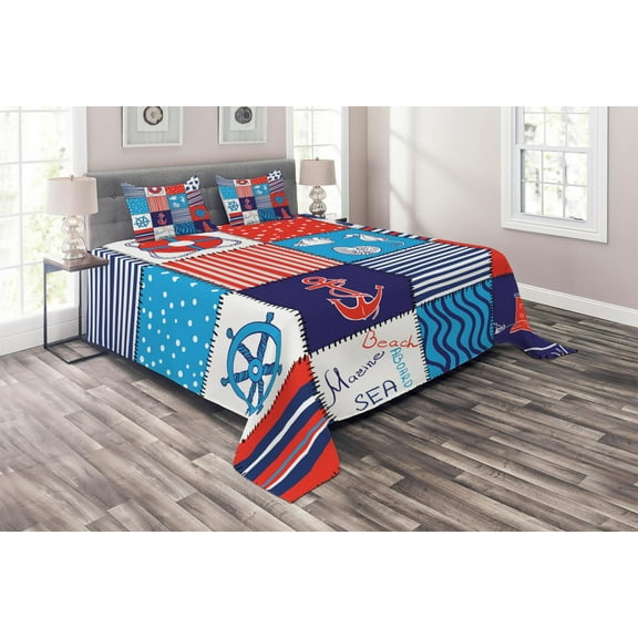 Ambesonne Geometric Quilted Coverlet 3 Pcs, Anchor Helm and Fish, King Size, Multicolor