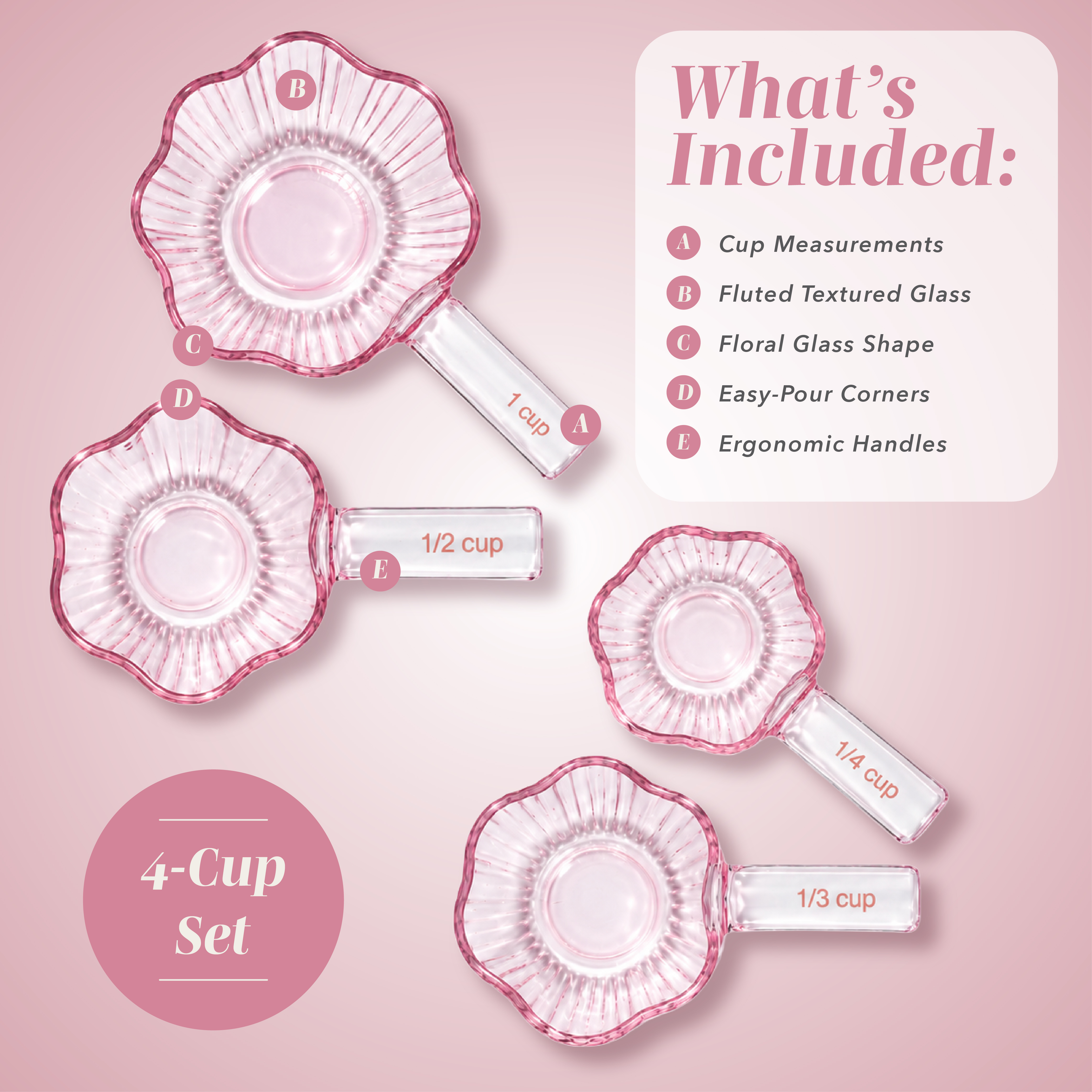 Cook With Color 8-Piece Flower Glass Measuring Cups & Spoons, Pink photo 2