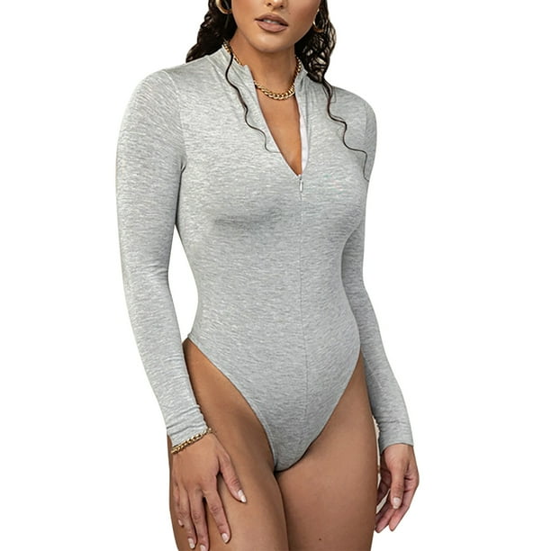 Body de manga larga para mujer mono ajustado con cremallera frontal y cuello alto mono ajustado de cintura alta de Color puro para otono y primavera L gris Walmart en linea