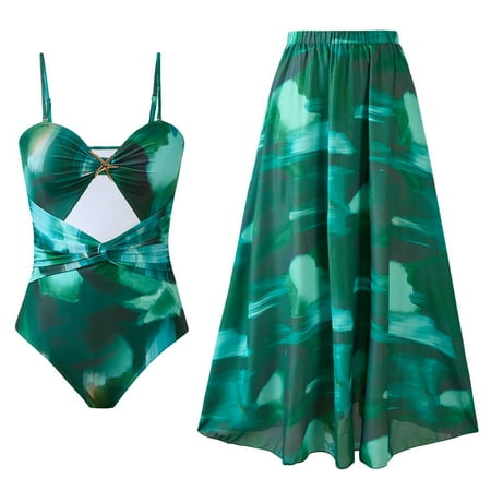 ZQGJB 3 Piece Swimsuits for Women High Waisted Bikini Sets Retro Swimsuit with Cover up Beach Chiffon Maxi Wrap Skirt(Green S)