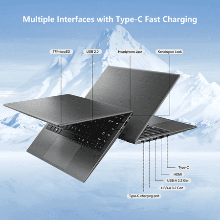 RNRUO 14" Laptop Computer, 8GB RAM 256GB SSD Intel 6500Y with 2 Cores, 1080p Display, Dual 4K Output, Type-C PD WiFi5 BT5.0, Office 2024 Windows 11 for Business Study, Dark Gray